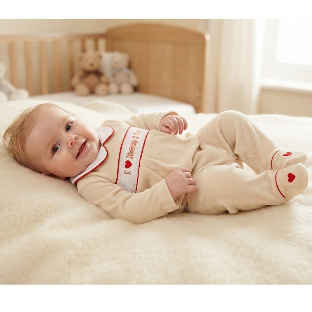 BW-13-442: Baby Unisex I Love Mummy & Daddy Smocked Velour All In One (NB-6 Months) BW-13-442: Baby Unisex I Love Mummy & Daddy Smocked Velour All In One (NB-6 Months)